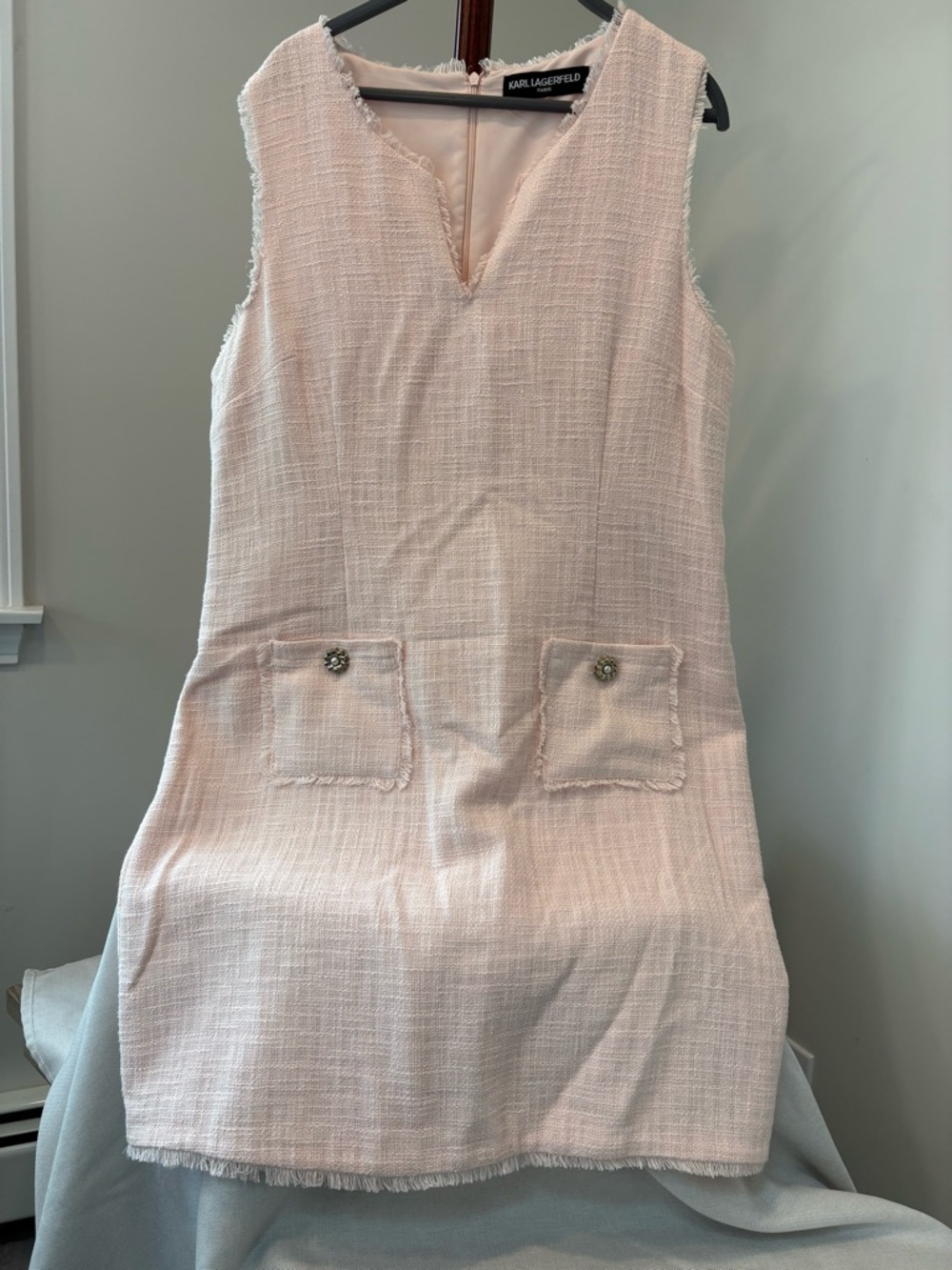 Karl Lagerfeld Pale Pink Tweed Shift Dress with Frayed Trim